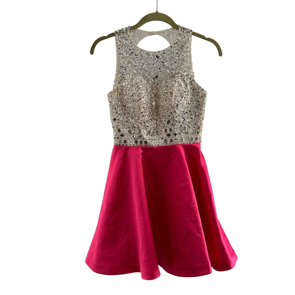 Beaded Rhinestone Bodice Pink Skater Dress Open Back Sleeveless Embellish